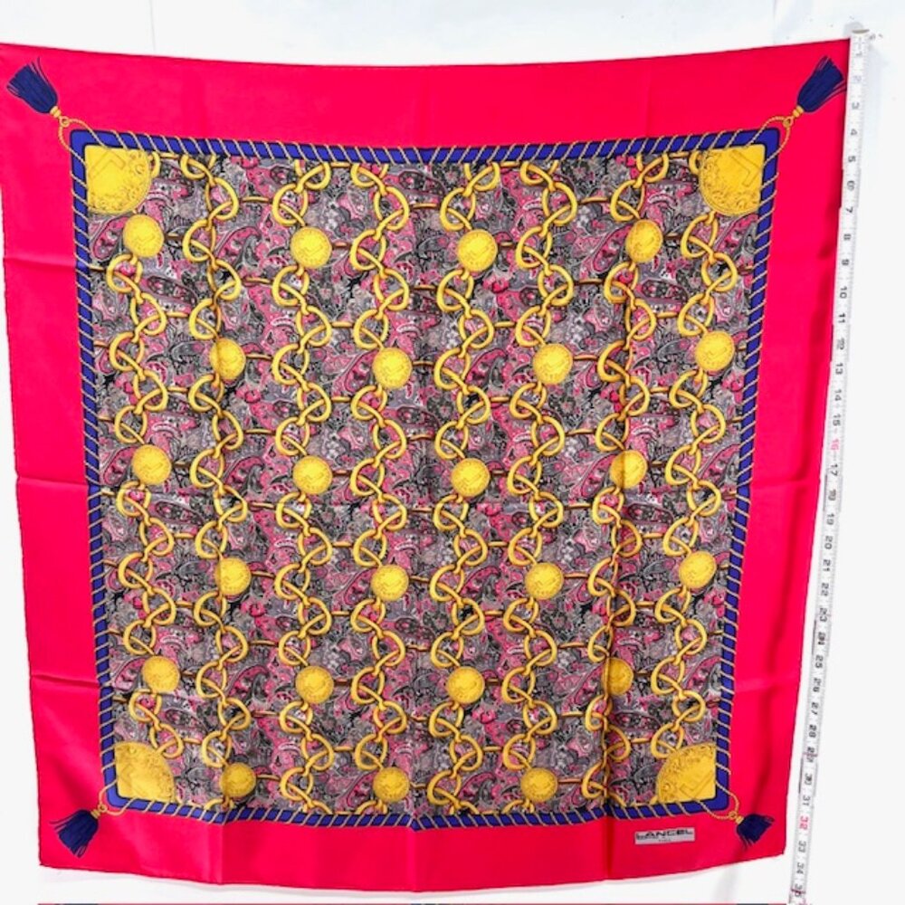 Unused Beautiful Lancel 100% Silk Satin Scarf 34" Red Burgendy Gold Paisley (58 - Picture 6 of 11